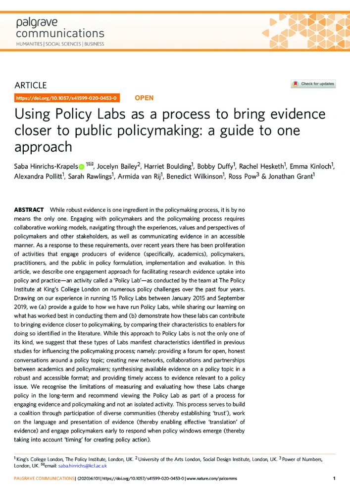 Using Policy Labs as a process to bring evidence closer to public policymaking.