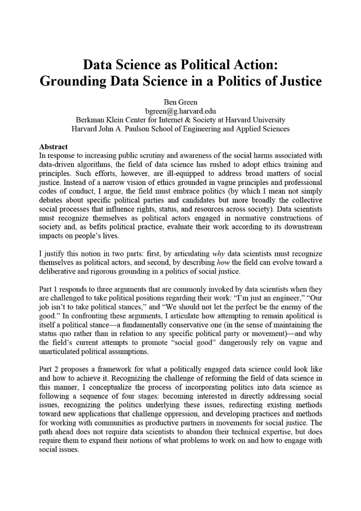 Data Science as Political Action